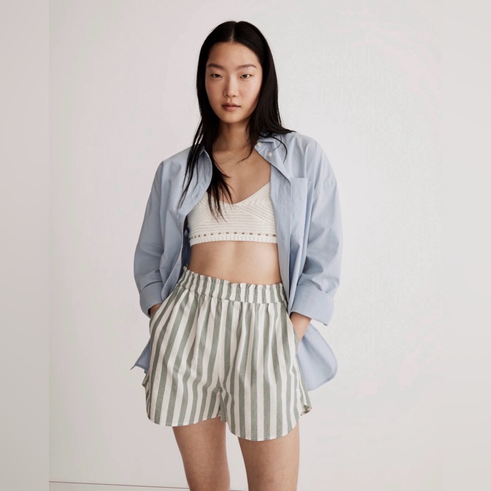 Madewell Signature Poplin Pull-On Shorts Sage Green Stripe